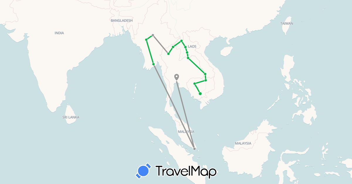 TravelMap itinerary: driving, bus, plane in Cambodia, Laos, Myanmar (Burma), Singapore, Thailand (Asia)